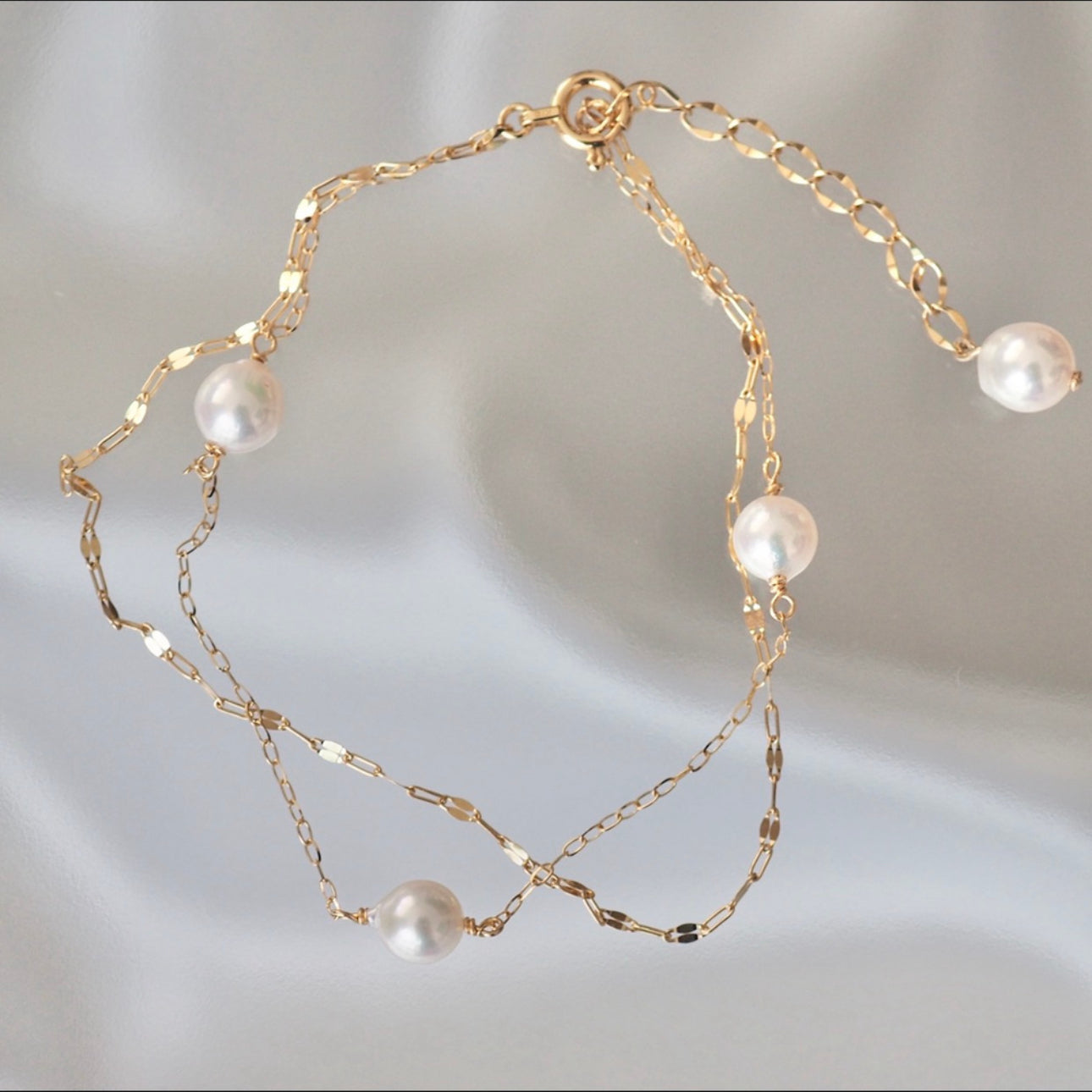 "leaf  リーフ" k10 k18  アコヤパール　２連チェーン　ブレスレット - hikari pearl.