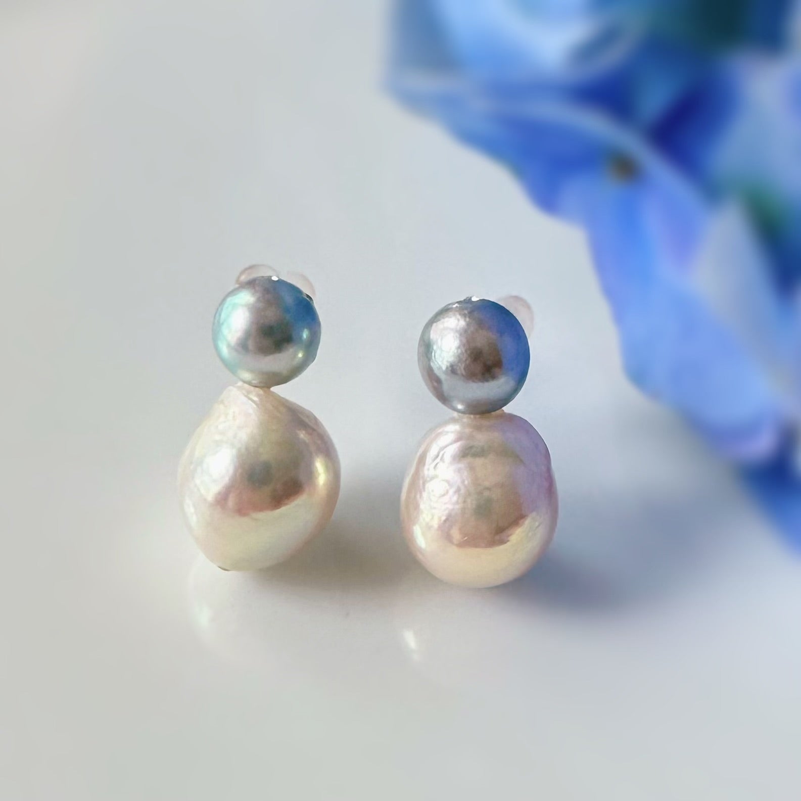 natural blue akoya twin  pearl ピアス　イヤリング - hikari pearl.