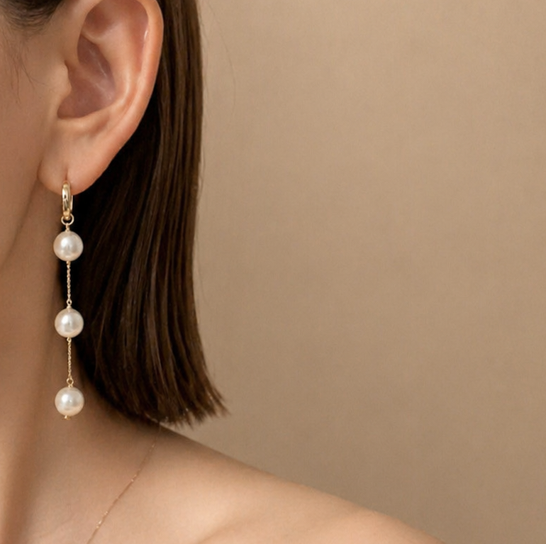 k10 chain drop  3 pearl  hoop waddingピアス　イヤリング - hikari pearl.