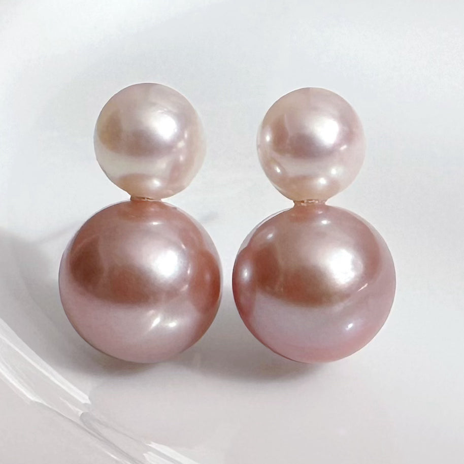 一点もの　k18 Akoya pink  pearl double  pearl ピアス - hikari pearl.