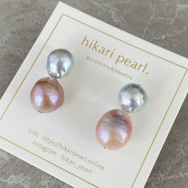 natural blue akoya pink  pearl twin  pearl ピアス　イヤリング - hikari pearl.